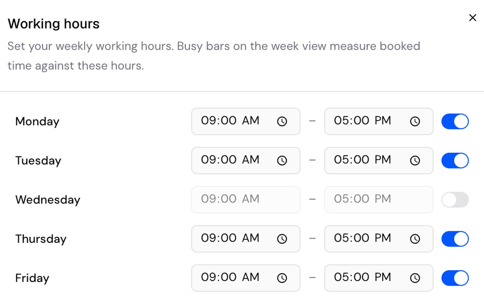 The Working hours window in the Kahunas calendar, with start and end times for each working day