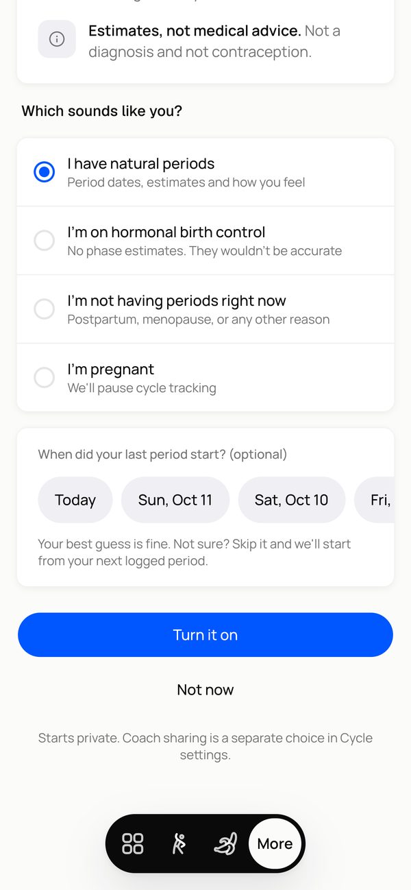 The cycle tracker set-up on a client's phone, with natural periods selected and a note that tracking starts private