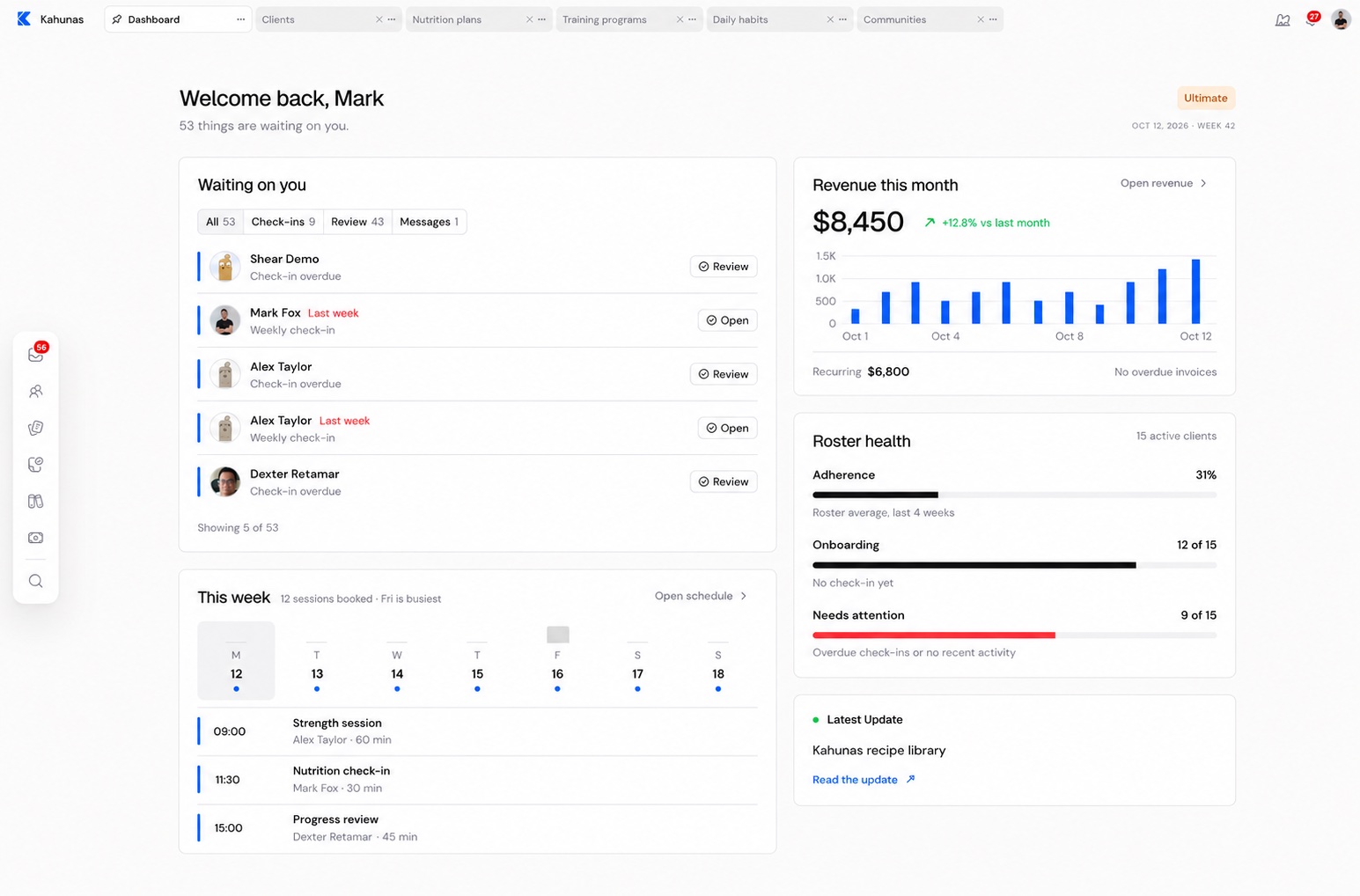 The Kahunas coach dashboard, with check-ins waiting on you, revenue this month, roster health and this week's sessions