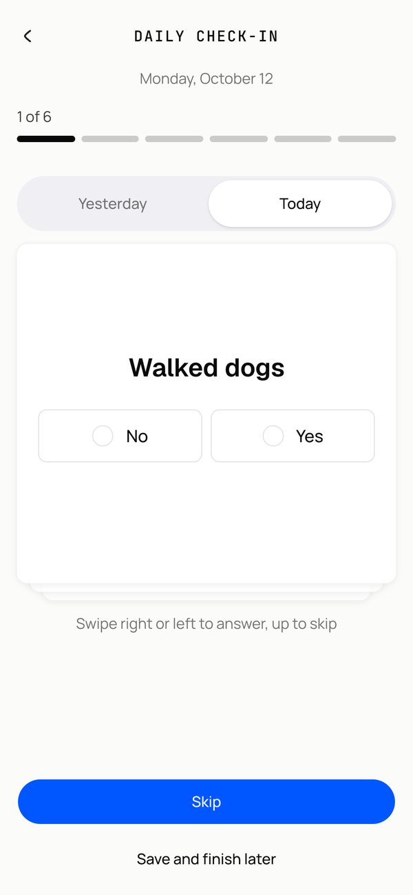 Answering a daily habit in the Kahunas client app, with yes and no choices on a swipeable card