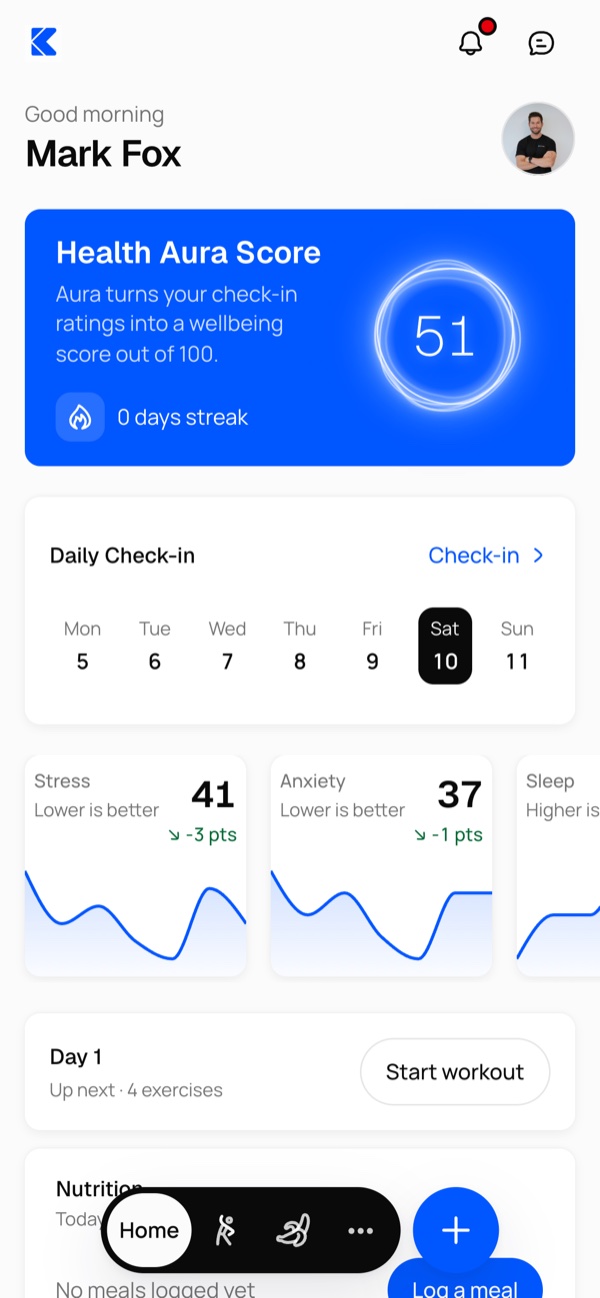 The Kahunas client app on iPhone, showing the Health Aura Score and today's check-in