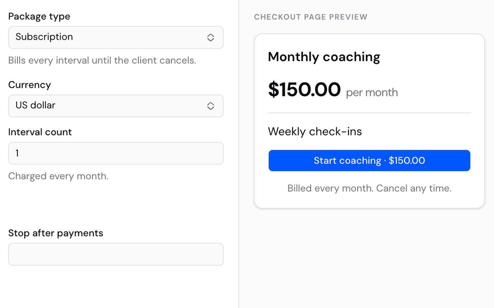 Setting up a monthly coaching subscription in Kahunas, with the checkout page preview and its Start coaching button