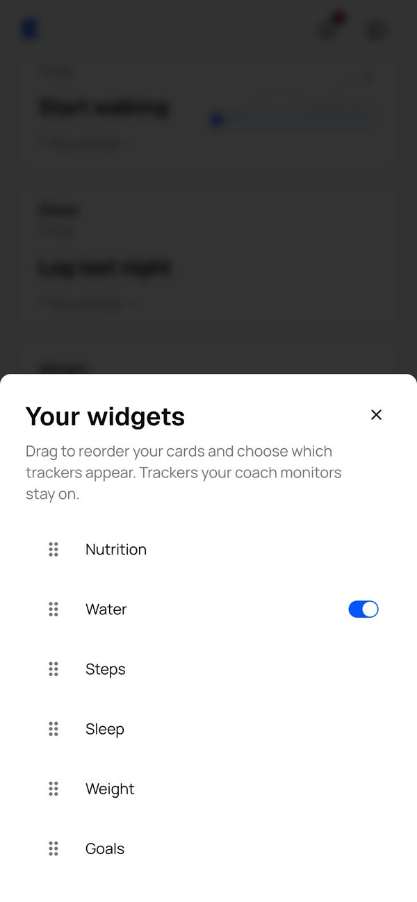 The Your widgets sheet in a client's app, with Home cards to drag into order and a Water toggle