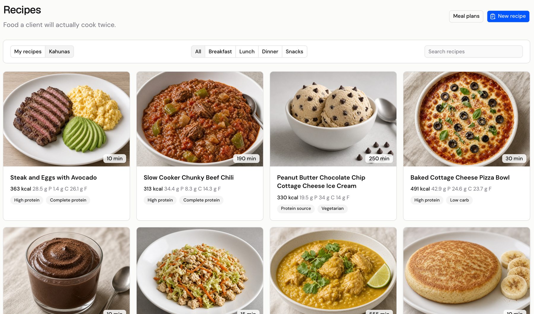 The Kahunas recipe library filtered by breakfast, lunch, dinner or snacks, with photos, prep times, calories, macros and tags like high protein
