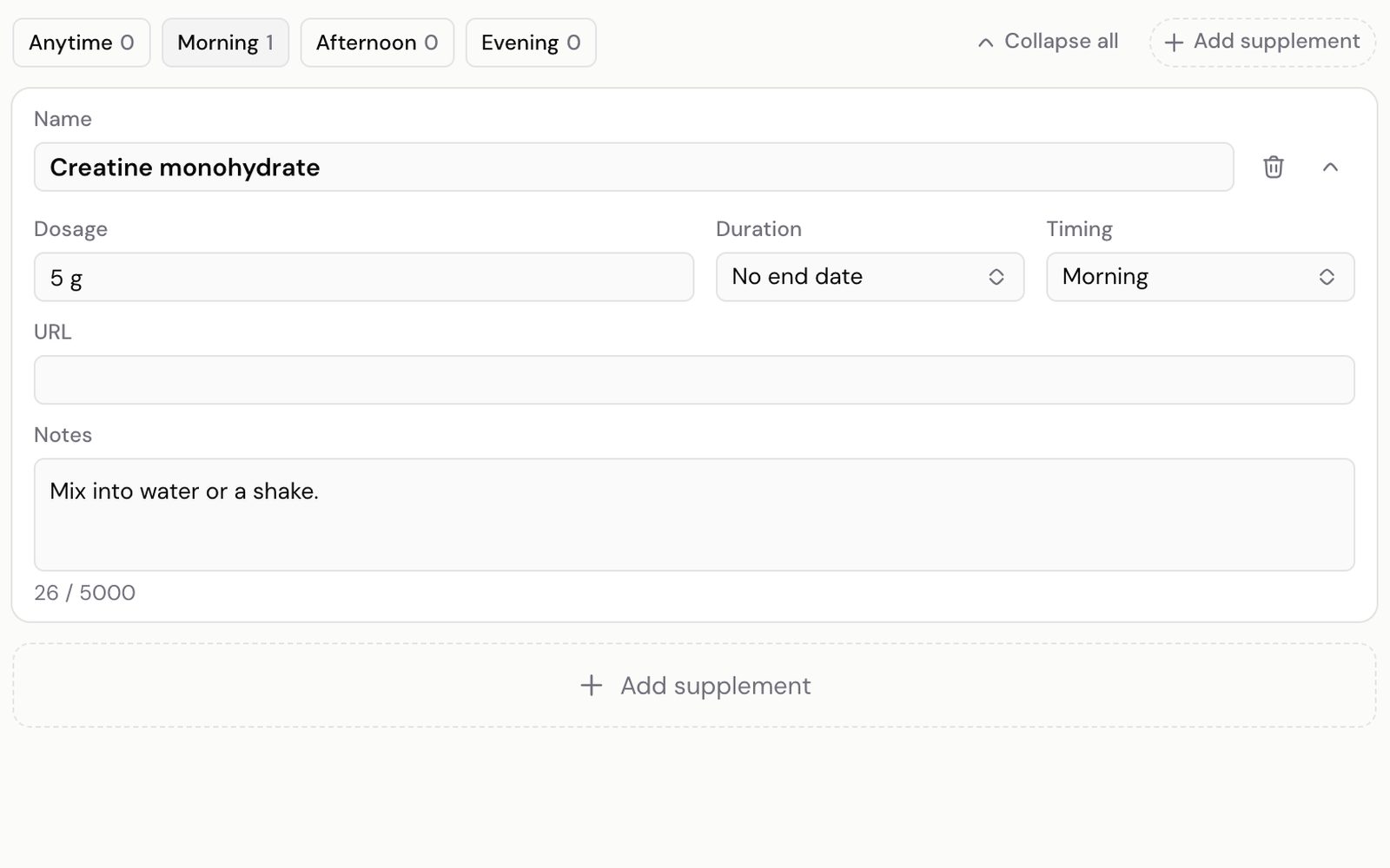 Editing a supplement in Kahunas, with its name, dosage, duration, timing, product link and notes