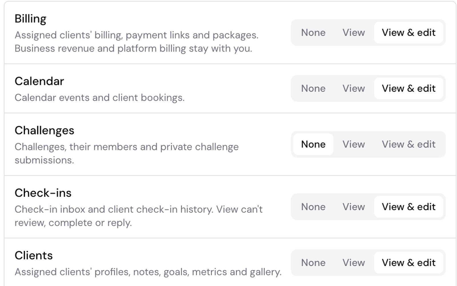 Team-mate access in Kahunas set area by area to None, View or View & edit, for Billing, Calendar, Challenges, Check-ins and Clients